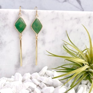 Jade Diamond Bar Dangle Earrings: 14k Gold Boho Earrings