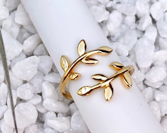 leaf ring, plant ring, gold adjustable ring, vine ring, wrap ring, flower ring, minimal ring, gold ring, stack ring, hypoallergenic ring