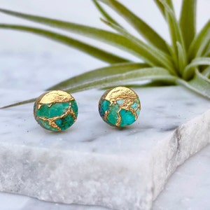 turquoise earring, circle stud earring, stone stud earring, raw turquoise earring, circle earring, gold stud earring, gold earring image 1