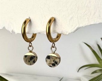 Dalmatian Jasper Huggie Earrings: 14k Gold Sterling Silver Hoops