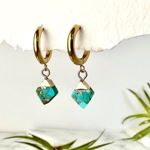 Raw Turquoise Huggie Earrings: 14k Gold Sterling Silver Hoops