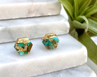 real turquoise earring, geometric earring, hexagon earring, stone earring, raw turquoise earring, unique earrings, gold earrings