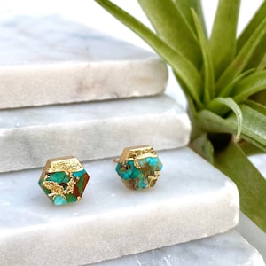 real turquoise earring, geometric earring, hexagon earring, stone earring, raw turquoise earring, unique earrings, gold earrings image 1