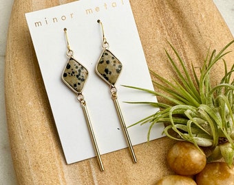 14k Gold Dalmatian Jasper Dangle Earrings: Boho Minimalist Jewelry