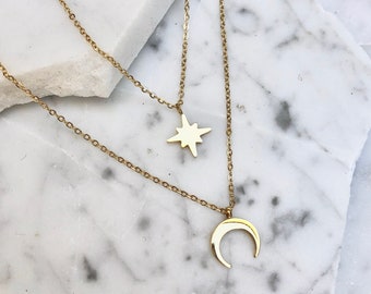 moon necklace, layered necklace, necklace set, moon star necklace, celestial necklace, gold necklace set, stacked necklaces, gold necklace