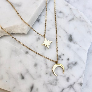 moon necklace, layered necklace, necklace set, moon star necklace, celestial necklace, gold necklace set, stacked necklaces, gold necklace image 1