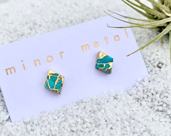 turquoise earrings, gold earring, geometric earrings, raw turquoise earring, blue stone earrings, gold stud earrings, gold stud earring