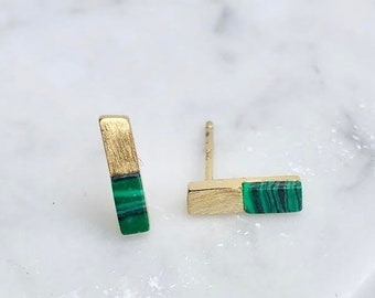 malachite earrings, geometric earrings, bar earrings, gold earrings, gold bar earrings, green earrings, minimalist earrings, gold studs