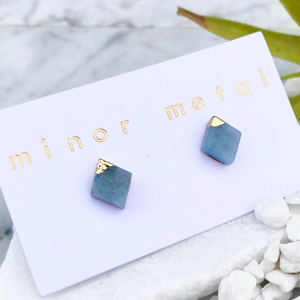 14k Gold Aquamarine Stud Earrings: Raw Stone Boho Earrings