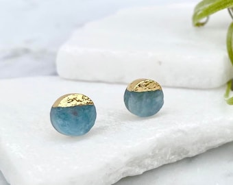 aquamarine earrings, stud earrings, boho earrings, gold earrings, march birthstone, blue earrings, stone earrings, minimal earrings