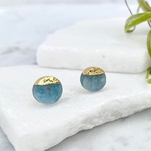 aquamarine earrings, stud earrings, boho earrings, gold earrings, march birthstone, blue earrings, stone earrings, minimal earrings image 1