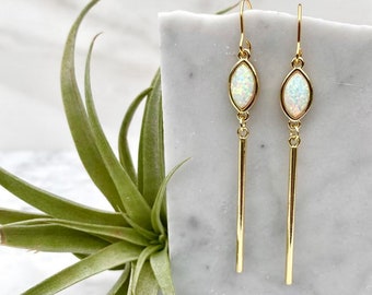 opal earrings, dangle earrings, bridal earrings, gold earrings, bar earring, gold bar earrings, minimalist earring, modern earrings