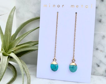 turquoise earrings, threader earrings, stone dangle earrings, threader earrings gold, gold earrings, blue stone earrings, dangle earrings