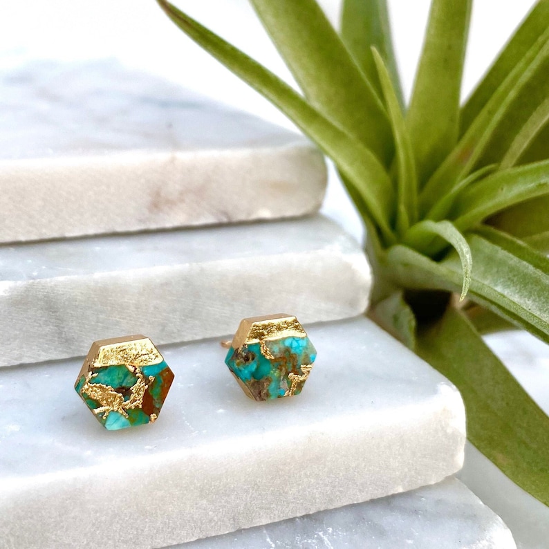 real turquoise earring, geometric earring, hexagon earring, stone earring, raw turquoise earring, unique earrings, gold earrings image 1