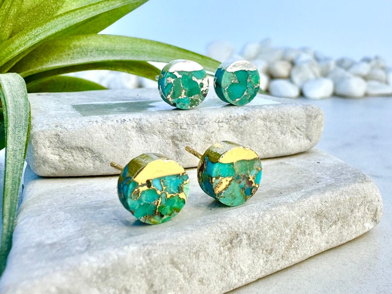 turquoise earring, circle stud earring, stone stud earring, raw turquoise earring, circle earring, gold stud earring, gold earring image 3