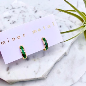 hoop earrings, malachite earrings, stone hoop earrings, gold huggie earrings, green stone earring, gold earring, minimalist earrings image 2