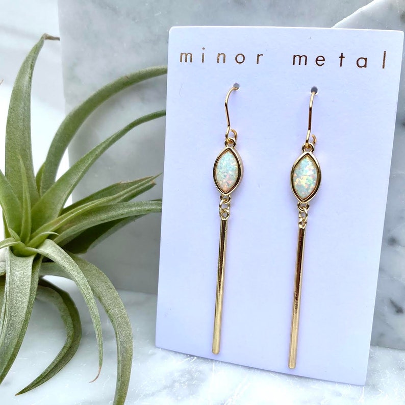 opal earrings, dangle earrings, bridal earrings, gold earrings, bar earring, gold bar earrings, minimalist earring, modern earrings bild 4