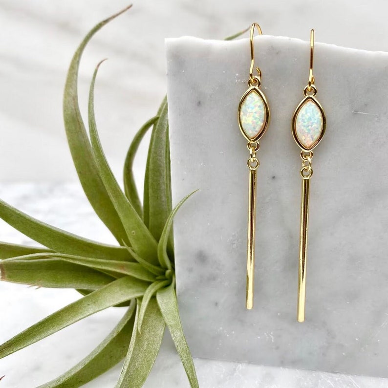 opal earrings, dangle earrings, bridal earrings, gold earrings, bar earring, gold bar earrings, minimalist earring, modern earrings bild 1