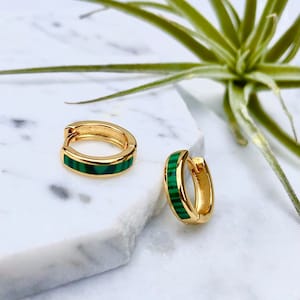 hoop earrings, malachite earrings, stone hoop earrings, gold huggie earrings, green stone earring, gold earring, minimalist earrings image 5