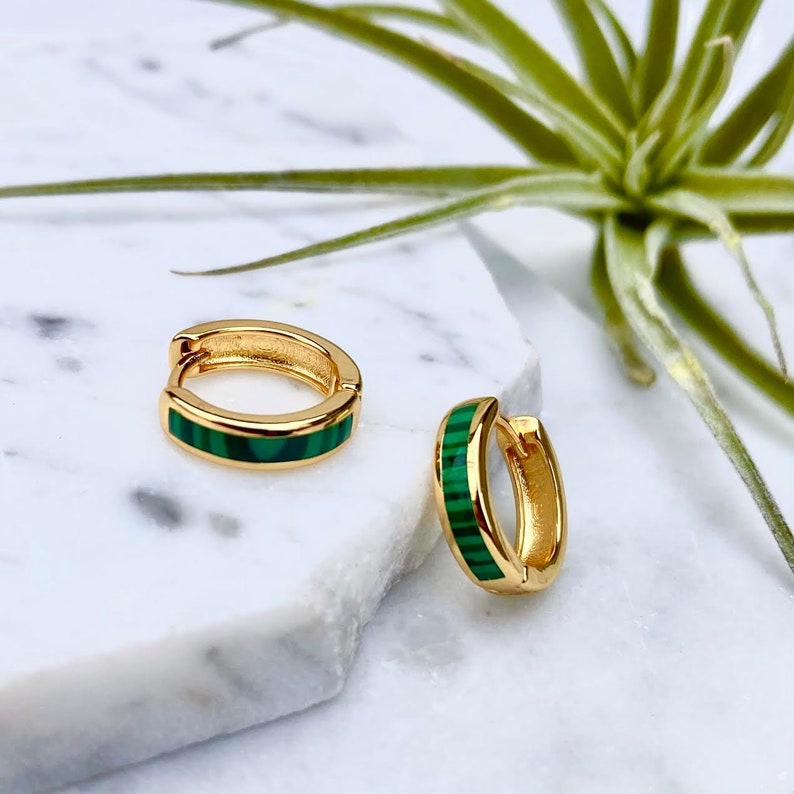 hoop earrings, malachite earrings, stone hoop earrings, gold huggie earrings, green stone earring, gold earring, minimalist earrings image 5