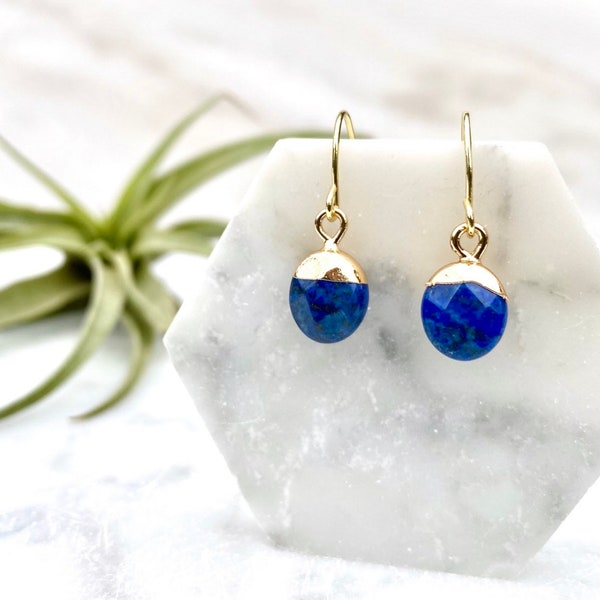 Gold-Dipped Lapis Lazuli Earrings: 14k Gold Plated Sterling Silver