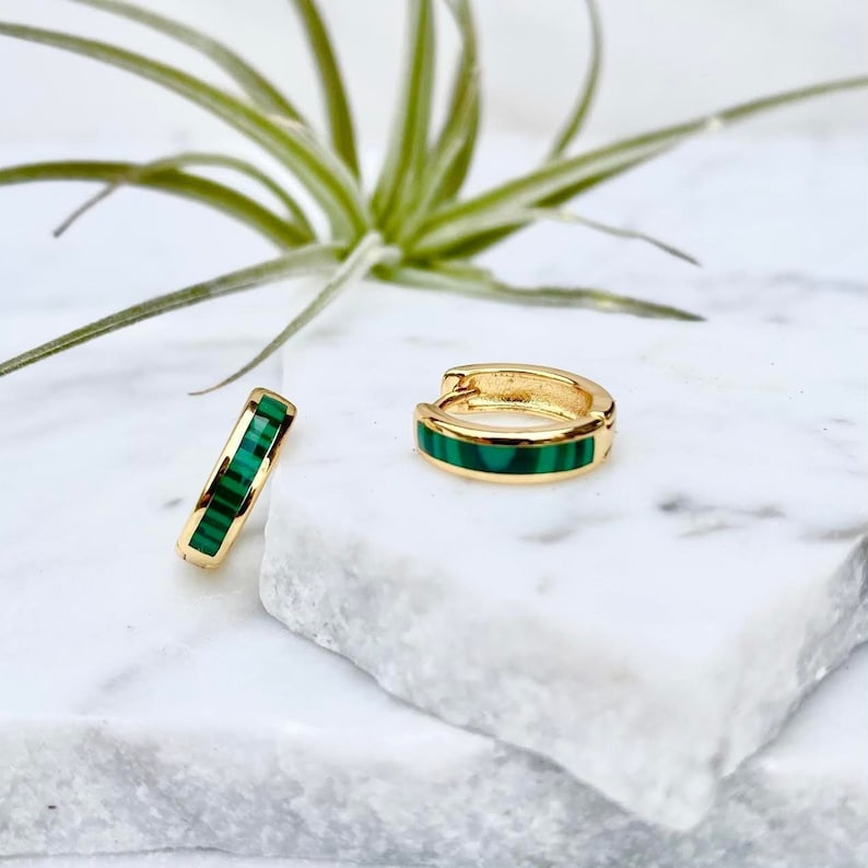 hoop earrings, malachite earrings, stone hoop earrings, gold huggie earrings, green stone earring, gold earring, minimalist earrings image 1