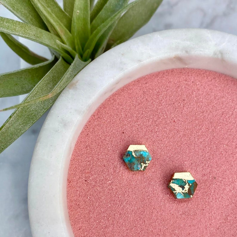 real turquoise earring, geometric earring, hexagon earring, stone earring, raw turquoise earring, unique earrings, gold earrings image 3