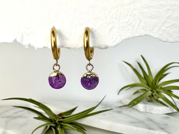 Raw Amethyst Huggie Earrings: 14k Gold Sterling Silver Hoops