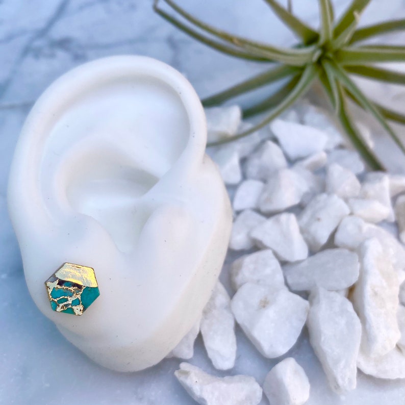 real turquoise earring, geometric earring, hexagon earring, stone earring, raw turquoise earring, unique earrings, gold earrings image 2