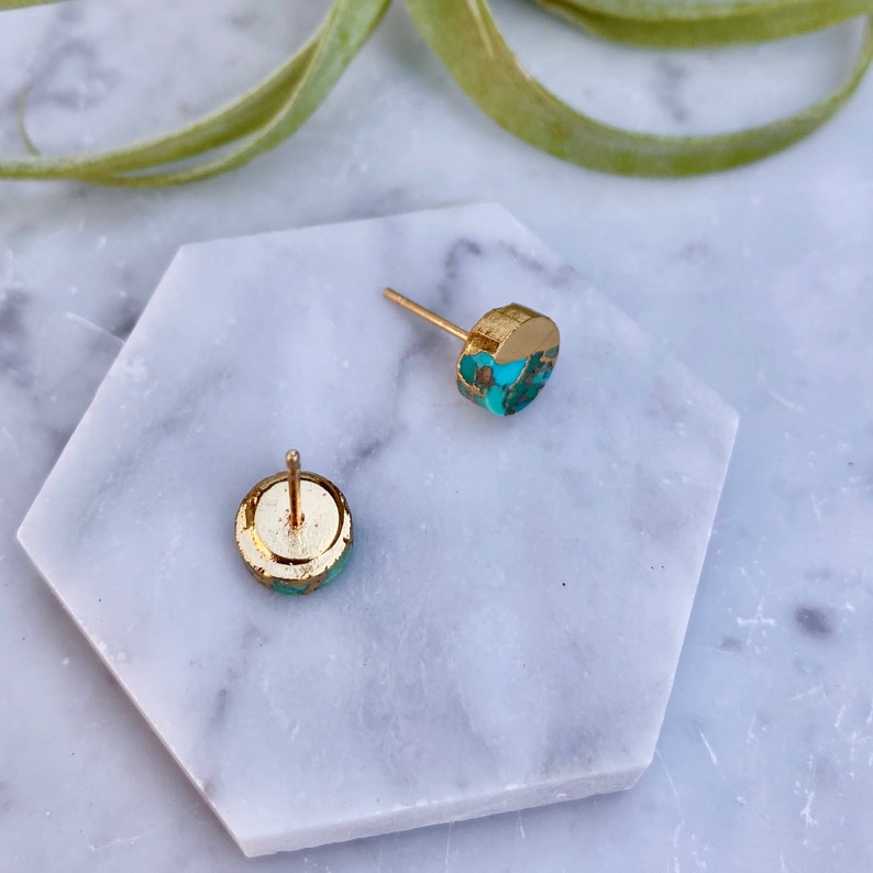 turquoise earring, circle stud earring, stone stud earring, raw turquoise earring, circle earring, gold stud earring, gold earring image 5