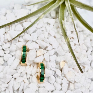 hoop earrings, malachite earrings, stone hoop earrings, gold huggie earrings, green stone earring, gold earring, minimalist earrings image 4