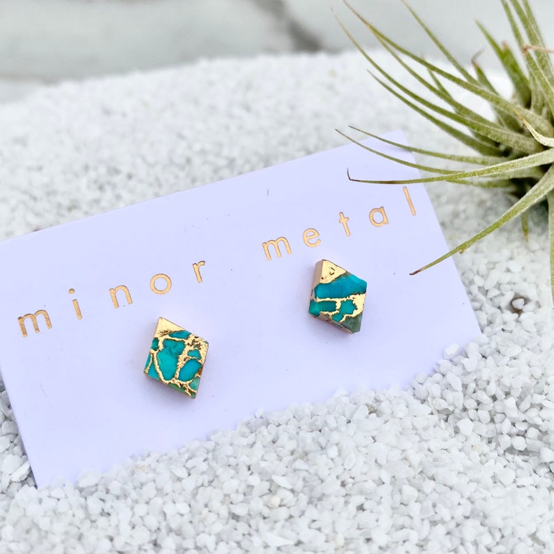 turquoise earrings, gold earring, geometric earrings, raw turquoise earring, blue stone earrings, gold stud earrings, gold stud earring 