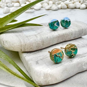 turquoise earring, circle stud earring, stone stud earring, raw turquoise earring, circle earring, gold stud earring, gold earring image 10