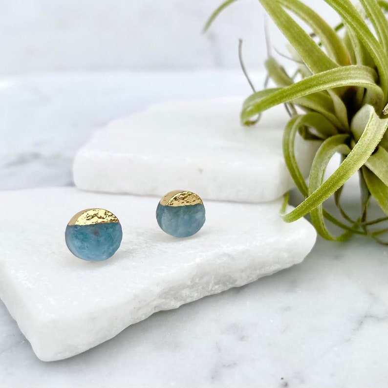 aquamarine earrings, stud earrings, boho earrings, gold earrings, march birthstone, blue earrings, stone earrings, minimal earrings image 1