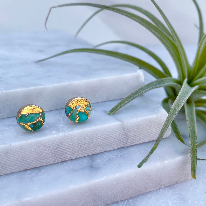 turquoise earring, circle stud earring, stone stud earring, raw turquoise earring, circle earring, gold stud earring, gold earring image 3