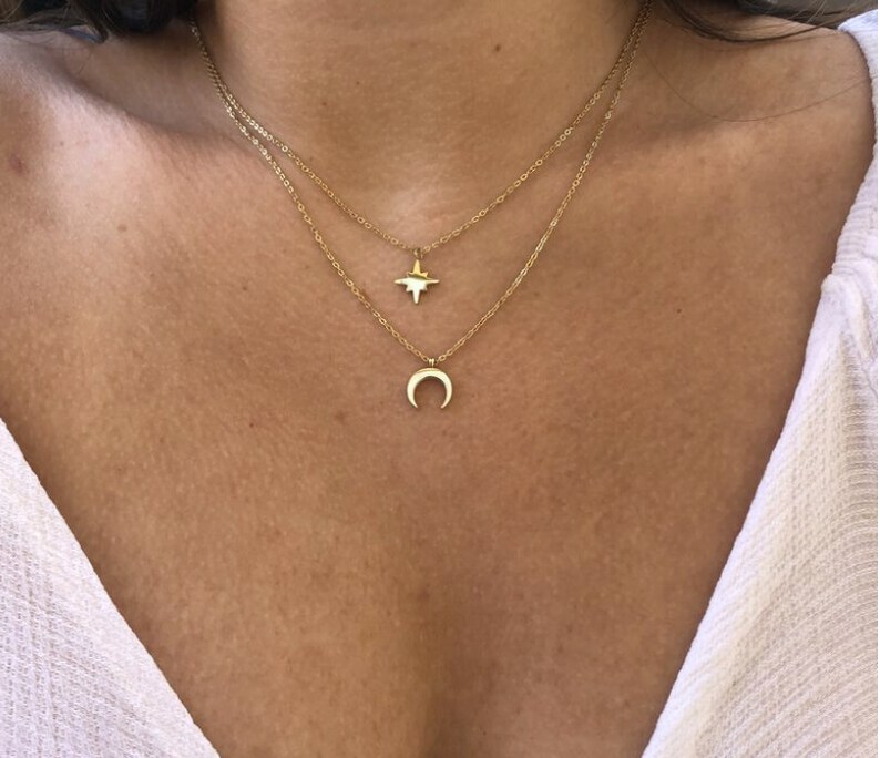 moon necklace, layered necklace, necklace set, moon star necklace, celestial necklace, gold necklace set, stacked necklaces, gold necklace image 3