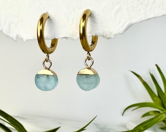 Raw Aquamarine Huggie Earrings: 14k Gold Sterling Silver Hoops