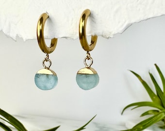 aquamarine earrings, huggie earrings, march birthstone jewelry, boho jewelry, blue stone earrings, gold hoops, unique earrings, raw stone