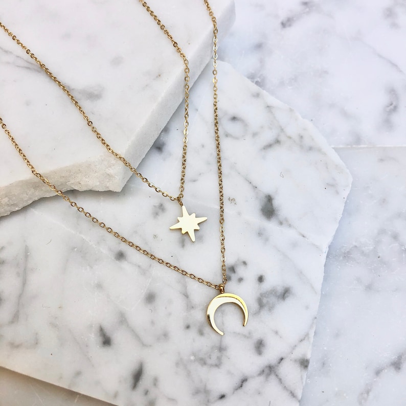 moon necklace, layered necklace, necklace set, moon star necklace, celestial necklace, gold necklace set, stacked necklaces, gold necklace image 1