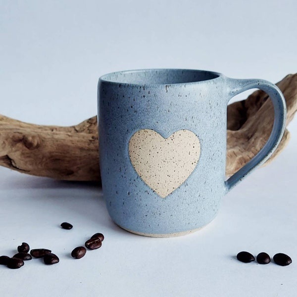 Blue Canadian speckled Pottery mug with heart on both sides. Ready to ship.