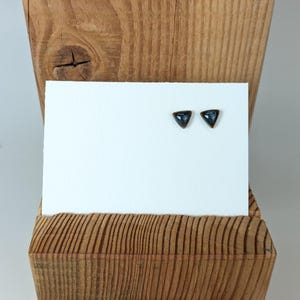 May include: Two small, triangular stud earrings with a dark blue and silver speckled design. The earrings are presented on a white card, set against a wooden display stand with a natural wood grain finish. Jewellery.