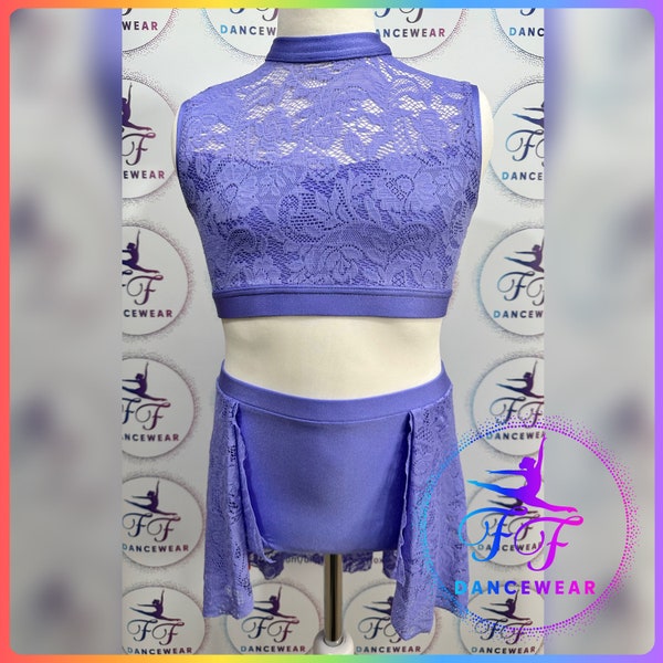 BESPOKE Lilac Lace Lyrical / Contemporary Dance Costume Crop Top Pants (Size 3a - 11/12 yrs)