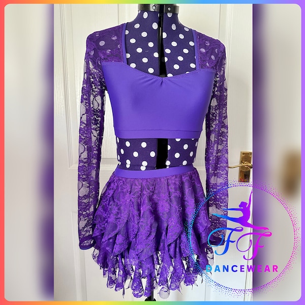 BRAND NEW BESPOKE Purple Lace Lyrical / Contemporary Two Piece Crop Top Skirt Pants Dance Costume (Size - Adult Small)