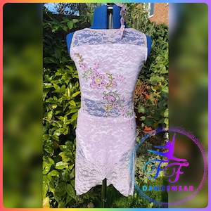 BESPOKE Lilac Stretch Lace & White Stoned Skirted Leotard Lyrical / Contemporary Dance Costume (Size 2 9/10yrs)