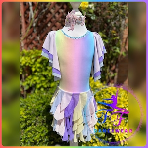 Justaucorps jupe cascade, costume de danse lyrique/contemporain pastel arc-en-ciel, NEUF (Taille 0-5/6 ans)