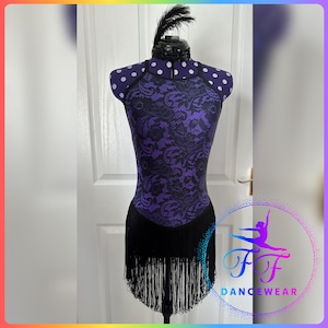 BESPOKE BRAND NEW Black & Purple Lace Print Fringed Tap / Modern / Jazz Dance Costume (Adult Small)