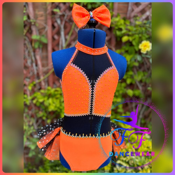 BESPOKE BRAND NEW Mystique Shine Neon Orange and Black Modern / Jazz / Tap Dance Costume Skirted Leotard (Size 1 - approx. 7/8 yrs)