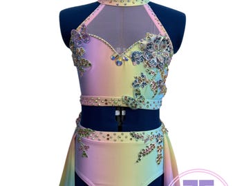 ELENA Pastel Rainbow Stoned Two Piece Dance Costume Skirted Leotard Lyrical / Contemporary Dance Costume (7/8 yrs)