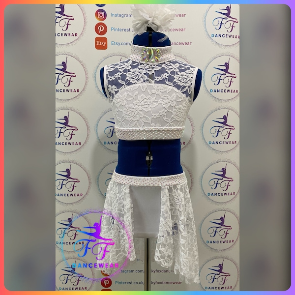 BESPOKE WHITE LACE Lyrical / Contemporary Dance Costume Stoned Crop Top and Half Skirt Pants  Age 7/8 approx.