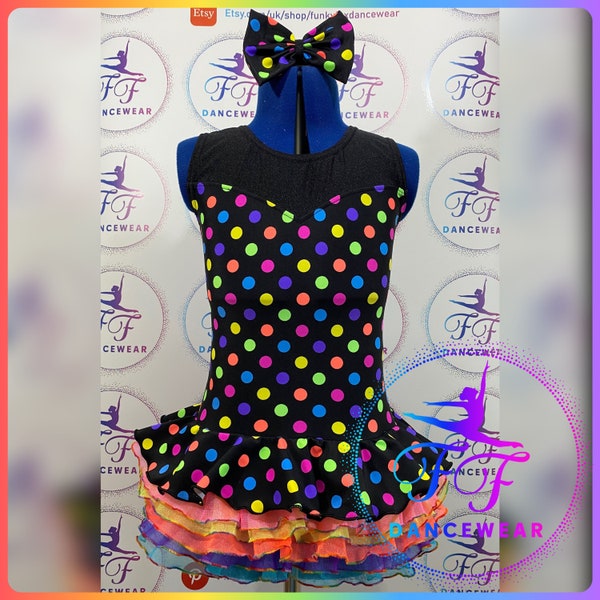 NEON RUFFLE Hearts or Spots Custom made Modern / Tap / Rock n Roll Dance Costume Ruffled Leotard (Child Sizes 3-14yrs)